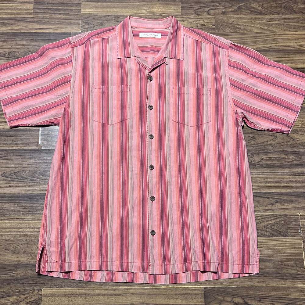 EUC Tommy Bahama Mens Hawaiian Camp Shirt Maroon Salmon Peach Striped